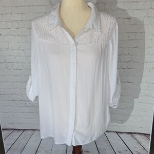 One World White Lace Shoulder Button Down Blouse Size L Boho Chic